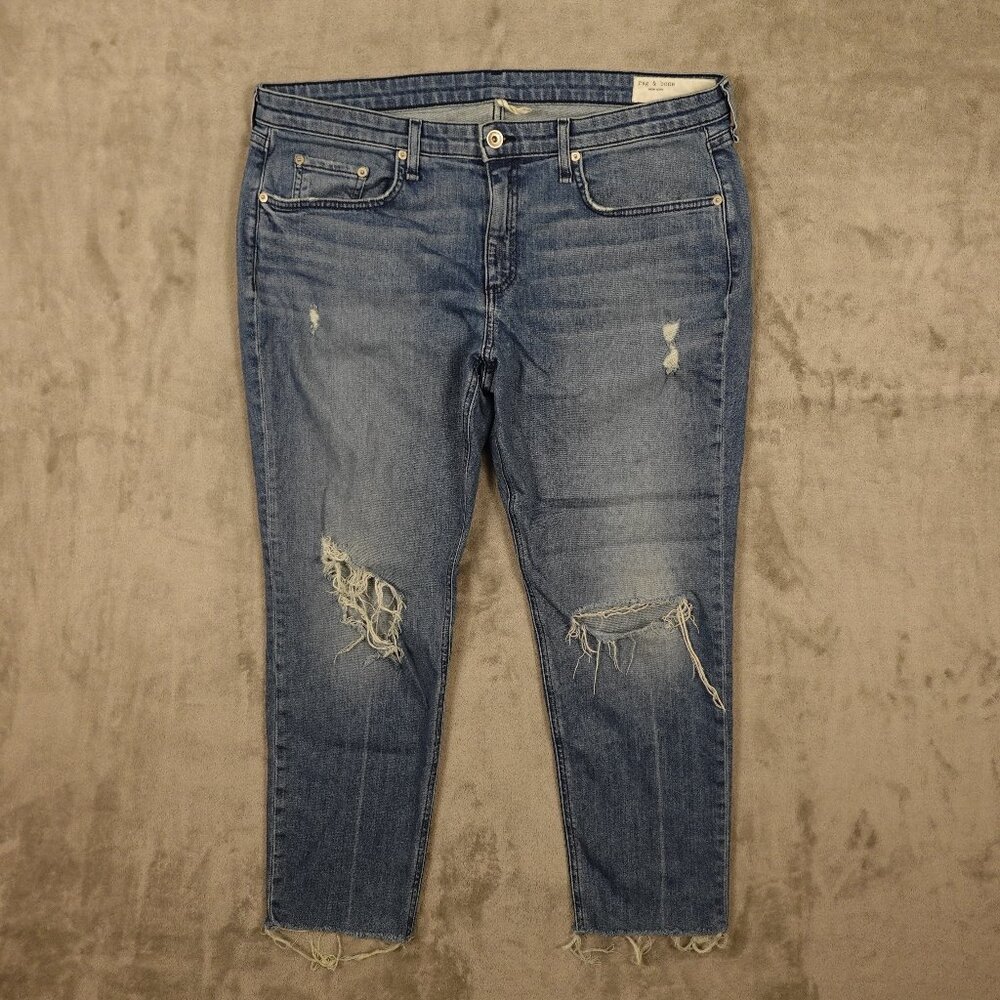 Rag and Bone jeans Dre low rise slim boyfriend women's 34‎ blue denim distressed